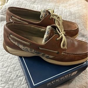 Women's Sperry Top Sider Boat Shoes Brown Tan Leopard Sequin size 10.